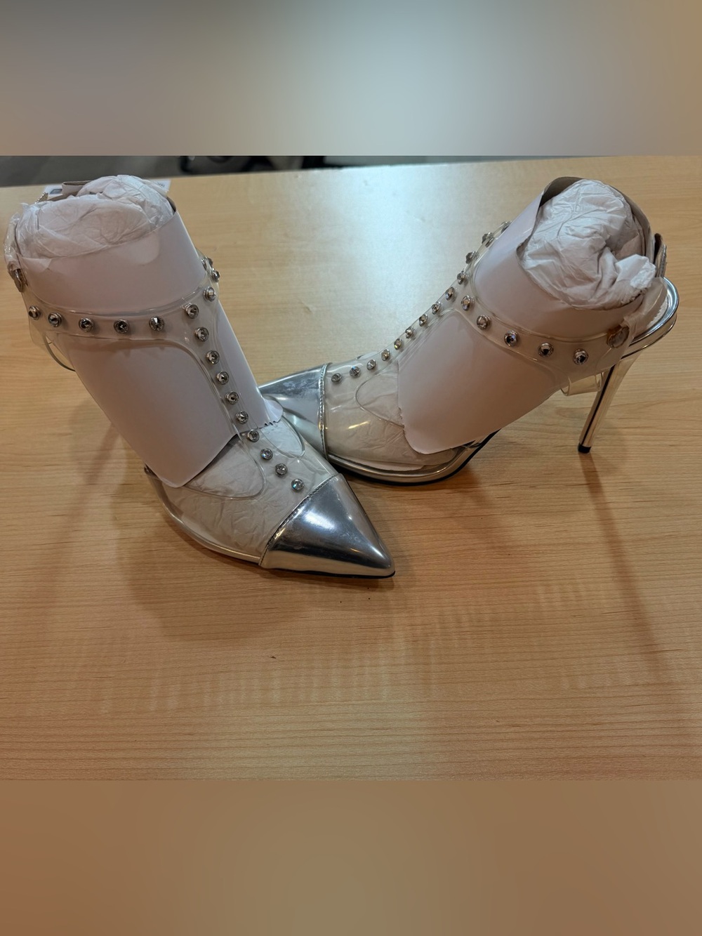 Nine West White and Silver Studded Pointed-Toe Stiletto Boots